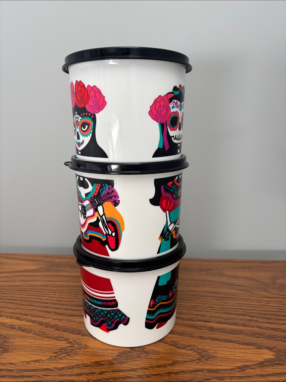 Tupperware Stackable Food Containers - Bright Floral Skull Design